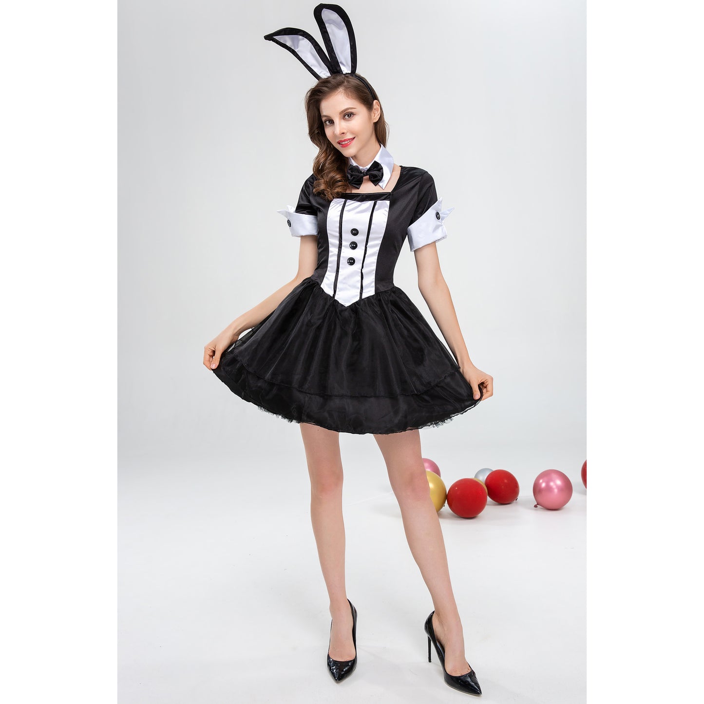 Lady's Black White Bunny Costume Role Play Dress Up Party Cosplay Dress 3PCS