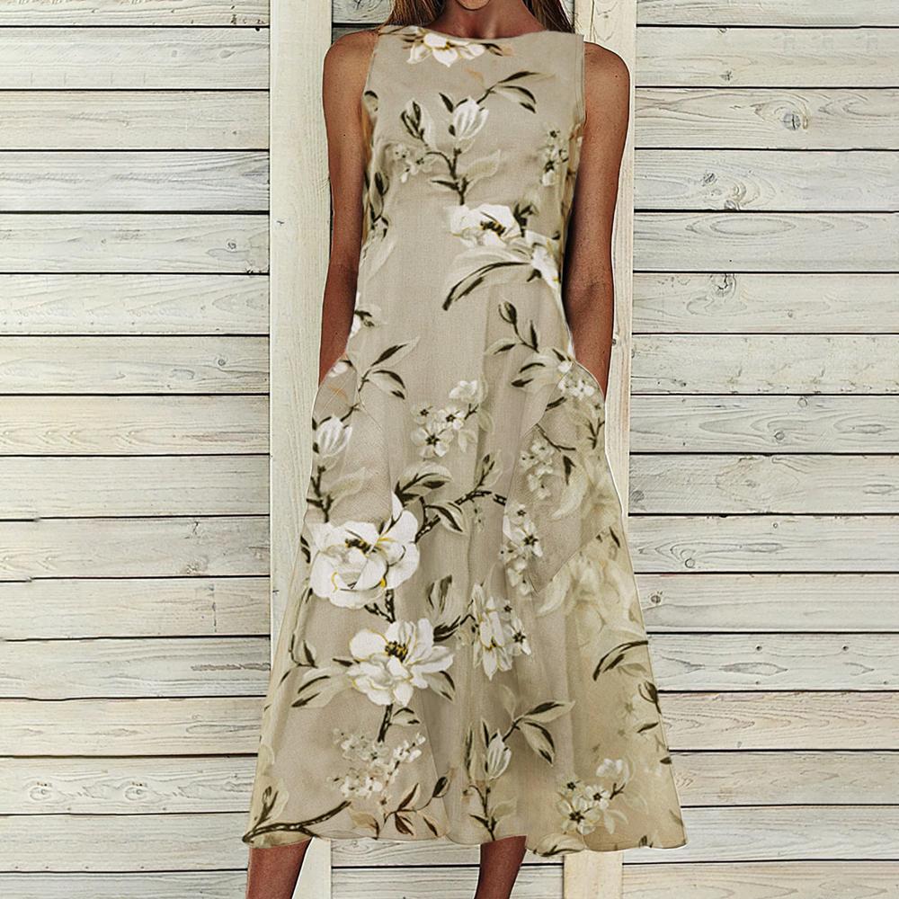 Floral Print Crew Neck Sleeveless Dress