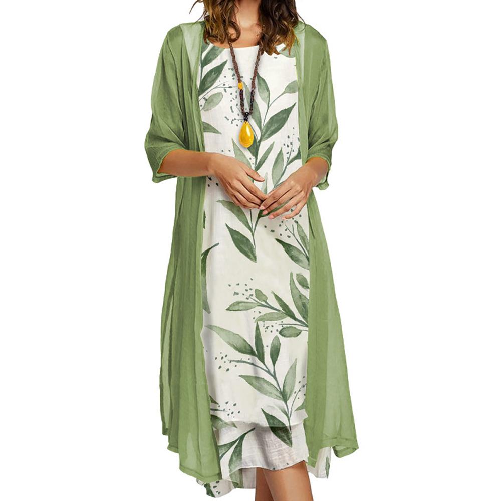 Floral Print Round Neck Dress With Solid Mesh Half Sleeve Kimono Set