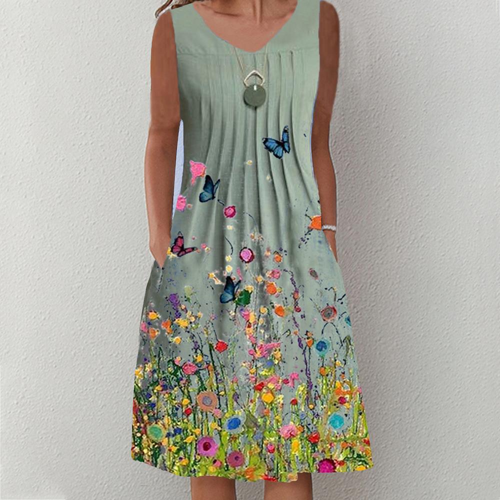 Floral & Butterfly Print Round Neck Sleeveless Tank Dress