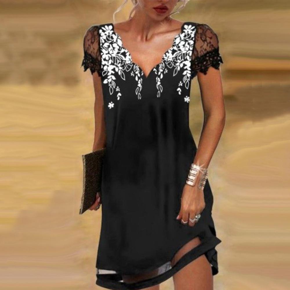 Floral Graphic Printed V Neck Lace Short Sleeve Dress