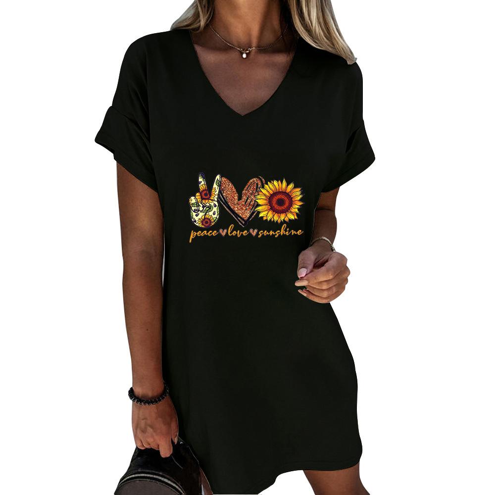 Funny Sunflower Print V Neck Short Sleeve Dress