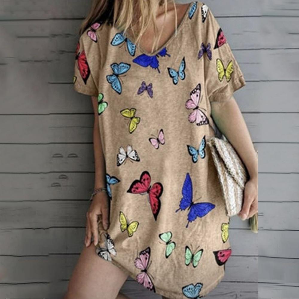 Butterfly Print V Neck Short Sleeve Loose Dress