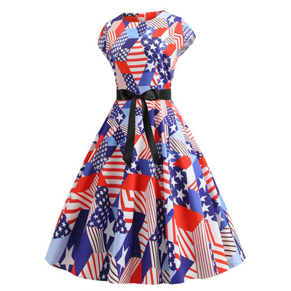 Women Independence Day Dress Vintage Stars Flag Sleeveless Dress