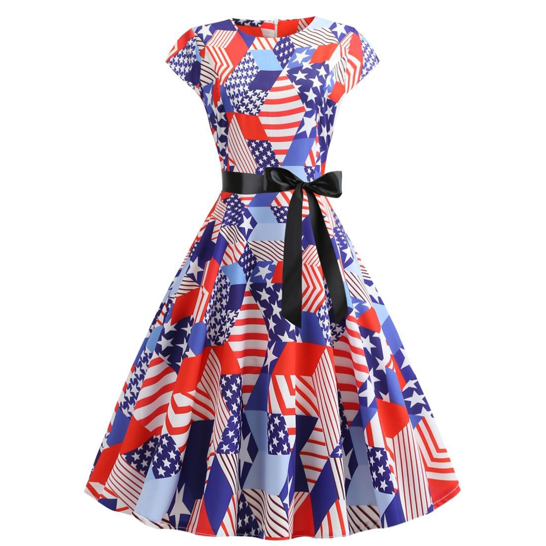 Women Independence Day Dress Vintage Stars Flag Sleeveless Dress