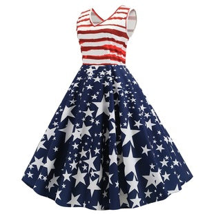 Adult Memorial Day Dress Fourth Of July Patriotic Dress V-neck Flag Dress