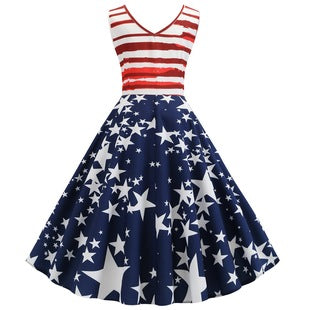 Adult Memorial Day Dress Fourth Of July Patriotic Dress V-neck Flag Dress