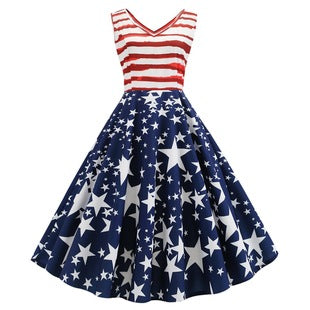 Adult Memorial Day Dress Fourth Of July Patriotic Dress V-neck Flag Dress