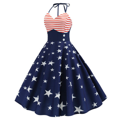 Lady's 4th Of July Dress Tie-strap Usa Stars Stripes Patriotic Dresses