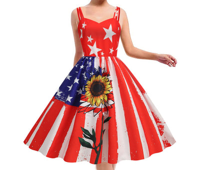 Women's Fourth Of July Dress Colorful Spaghetti Strap Patriotic Dress