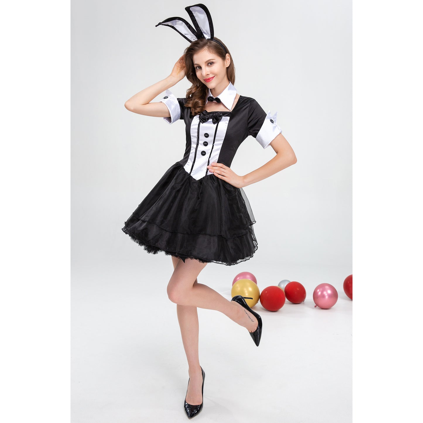 Lady's Black White Bunny Costume Role Play Dress Up Party Cosplay Dress 3PCS
