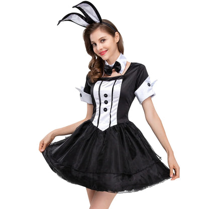 Lady's Black White Bunny Costume Role Play Dress Up Party Cosplay Dress 3PCS