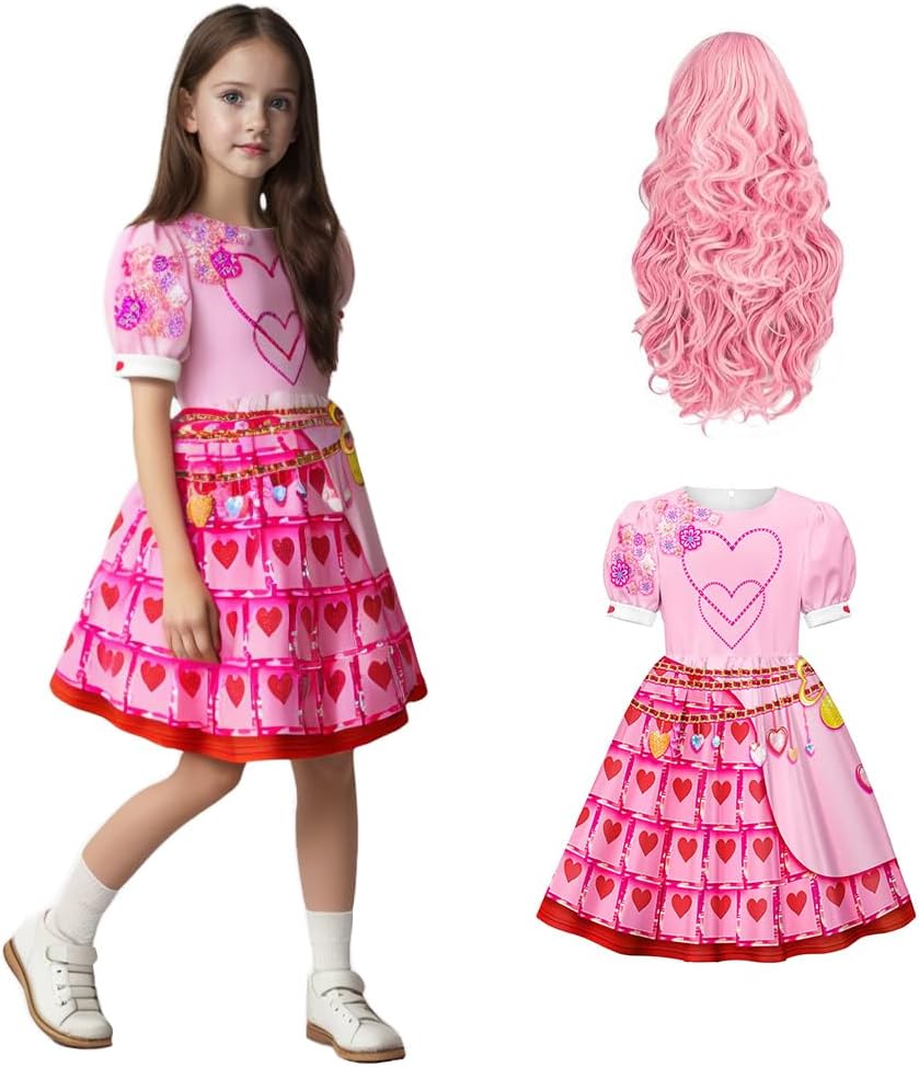 Queen of Hearts Costume Girls Adults Princess Bridget Pink Dress and Wig for Halloween Carnival