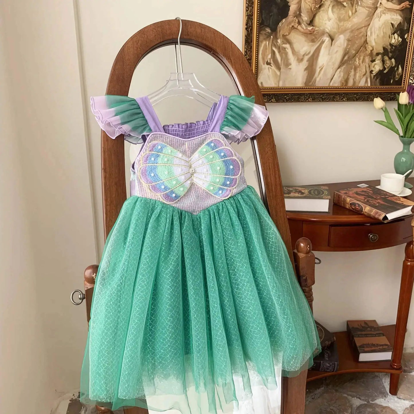 Kids Little Mermaid Dress Princess Ariel Cosplay Costume Flying Sleeve Multi-layered Tutu Dress
