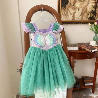 Kids Little Mermaid Dress Princess Ariel Cosplay Costume Flying Sleeve Multi-layered Tutu Dress