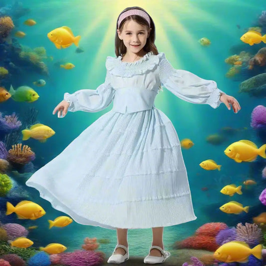 Girls Ariel Dress Ruffled Ball Gown Mermaid Costume Princess Blue Dress with Hair Band for Halloween