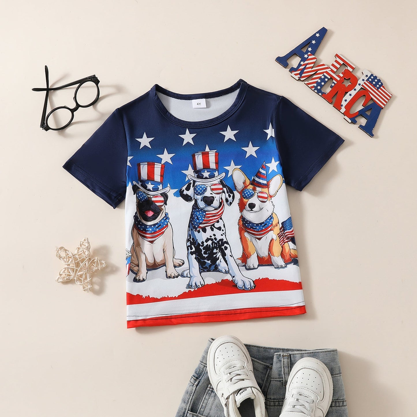 Kids Fourth Of July Dogs T-shirt and Shorts Summer Patriotic Top