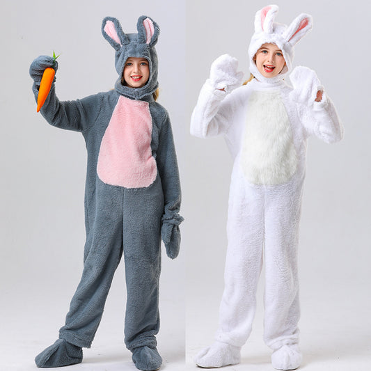 Kids Bunny Costume Unisex Bunny Furry Outfit White/ Grey Bunny Jumpsuit and Headgear