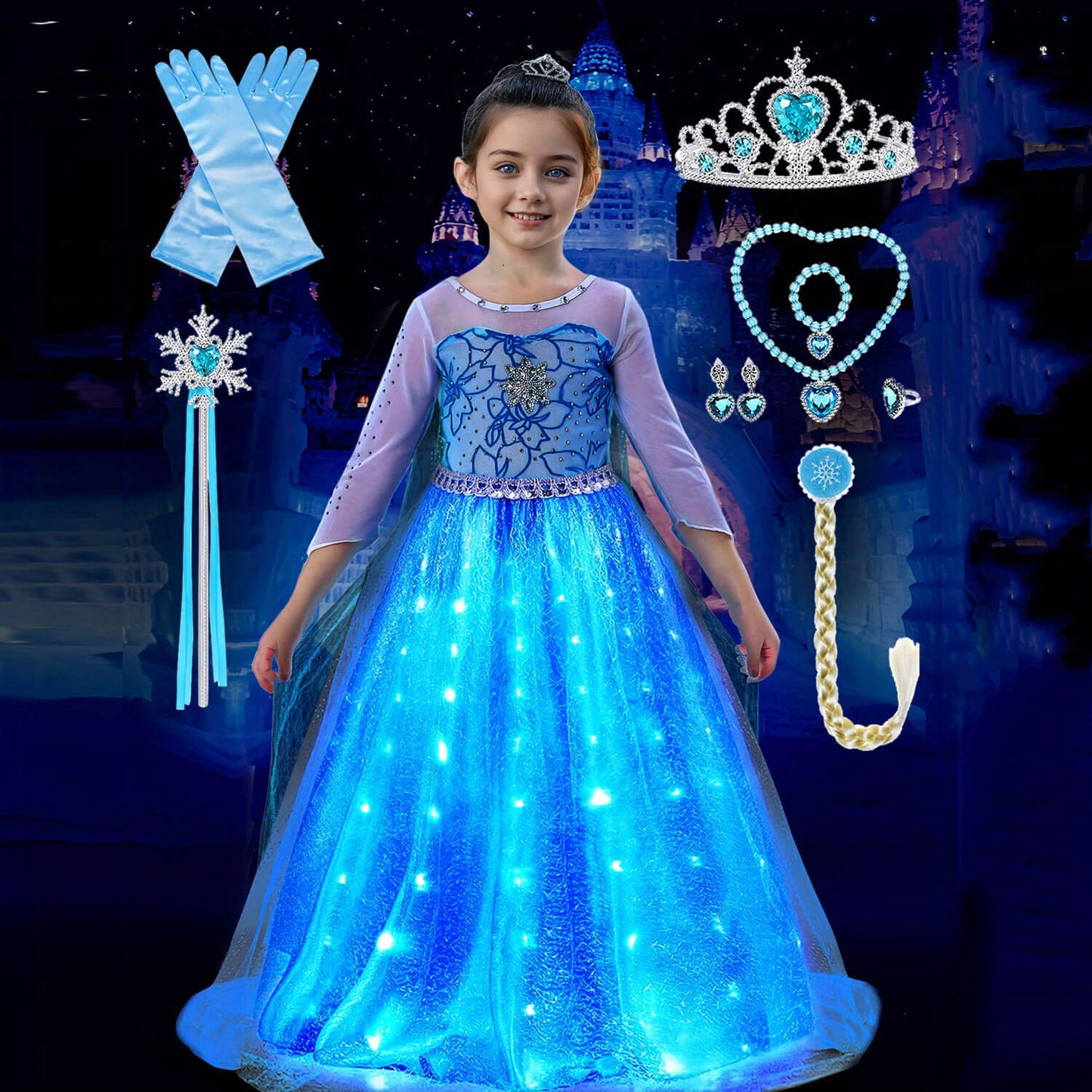 Light Up Princess Elsa Dress for Girls Ice and Snow Princess Dress Halloween Christmas Dress Up