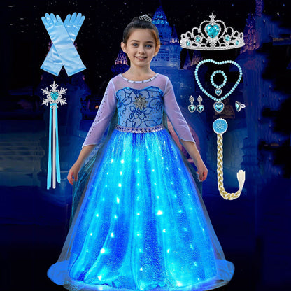 Light Up Princess Elsa Dress for Girls Ice and Snow Princess Dress Halloween Christmas Dress Up