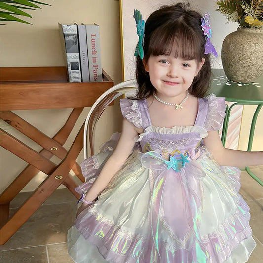 Kids Princess Dress Multi Layer Mermaid Dress Birthday Dress with Tulle Bow Veil