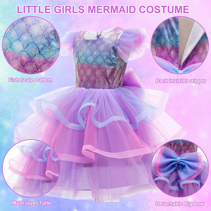 Girls Purple Princess Arial Dress Little Mermaid Costume 6 Layers Cake Dress Birthday Party Tutu Dress