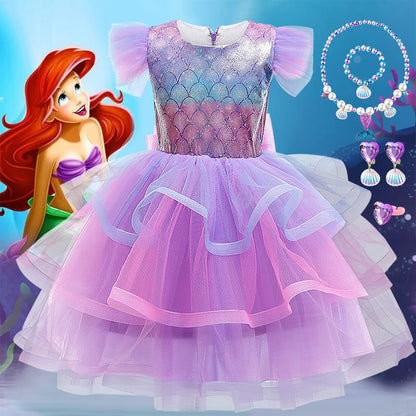 Girls Purple Princess Arial Dress Little Mermaid Costume 6 Layers Cake Dress Birthday Party Tutu Dress