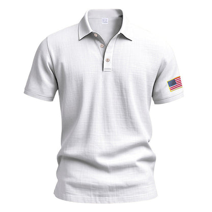 Men's Summer Patriotic T-shirt Breathable Linen Polo with American Flag on Left Sleeve