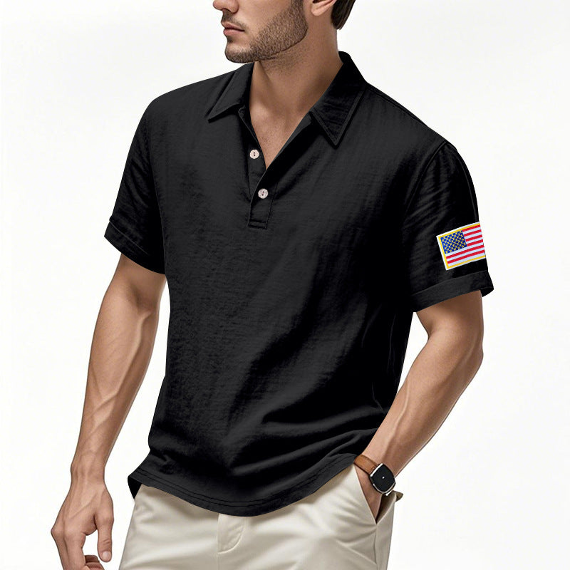Men's Summer Patriotic T-shirt Breathable Linen Polo with American Flag on Left Sleeve