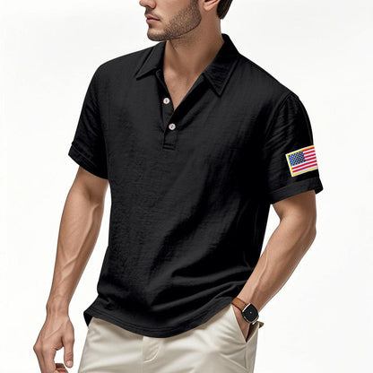 Men's Summer Patriotic T-shirt Breathable Linen Polo with American Flag on Left Sleeve