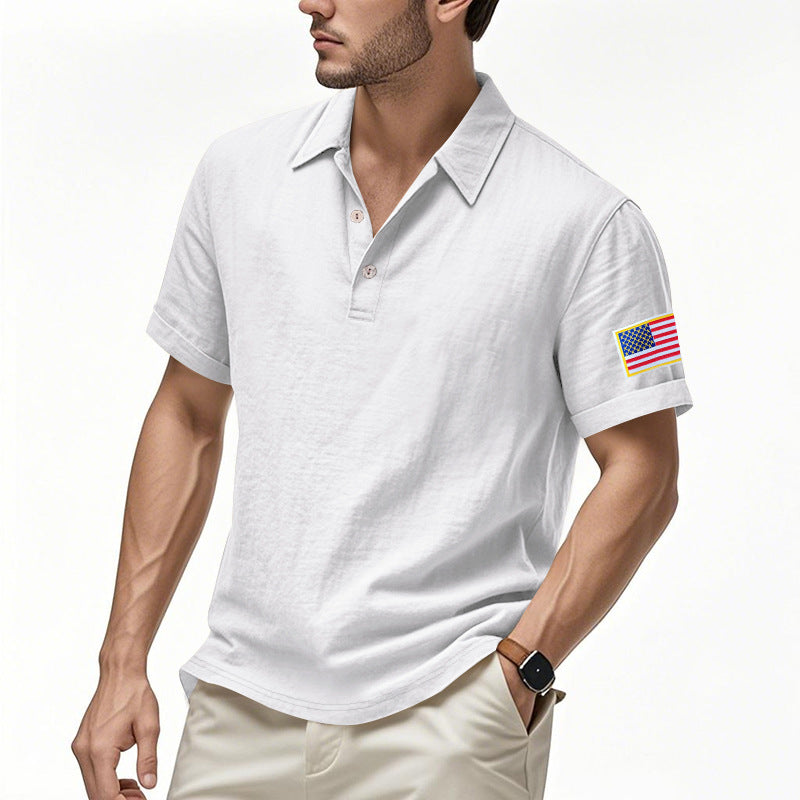 Men's Summer Patriotic T-shirt Breathable Linen Polo with American Flag on Left Sleeve