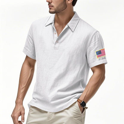 Men's Summer Patriotic T-shirt Breathable Linen Polo with American Flag on Left Sleeve