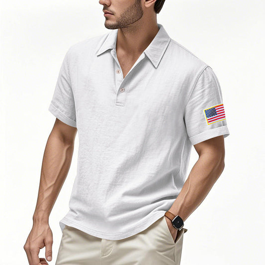 Men's Summer Patriotic T-shirt Breathable Linen Polo with American Flag on Left Sleeve