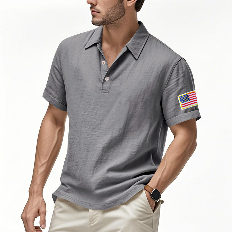 Men's Summer Patriotic T-shirt Breathable Linen Polo with American Flag on Left Sleeve