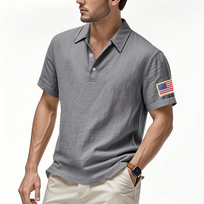 Men's Summer Patriotic T-shirt Breathable Linen Polo with American Flag on Left Sleeve