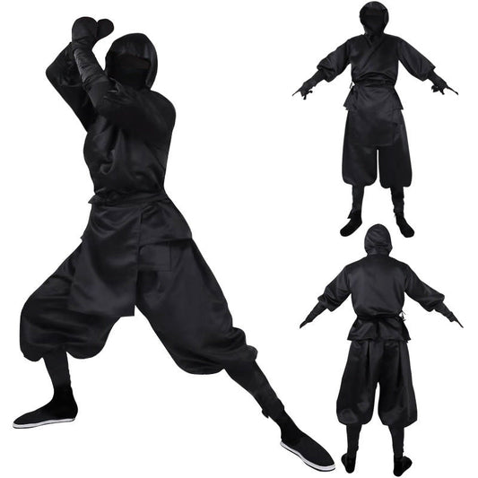 Japanese Ninja Costume All Black Ninja Hooded Top and Pants Halloween Costume