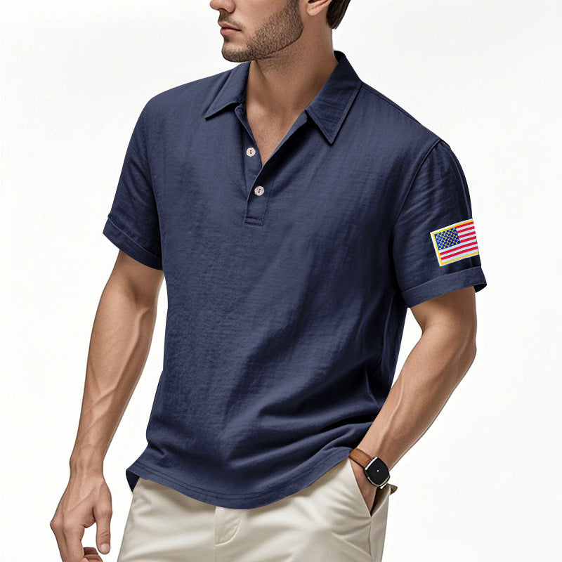 Men's Summer Patriotic T-shirt Breathable Linen Polo with American Flag on Left Sleeve
