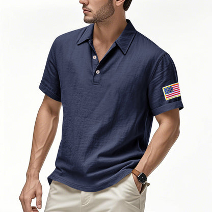 Men's Summer Patriotic T-shirt Breathable Linen Polo with American Flag on Left Sleeve
