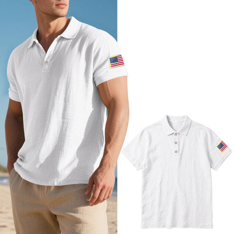 Men's Summer Patriotic T-shirt Breathable Linen Polo with American Flag on Left Sleeve