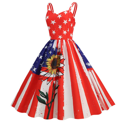Women's Fourth Of July Dress Colorful Spaghetti Strap Patriotic Dress
