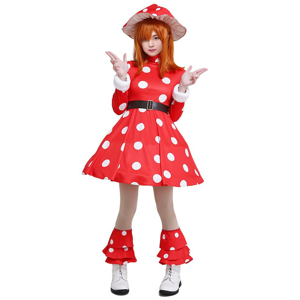 Adult Kinoko Komori Dress Shemage Cosplay Costume with Mushroom Hat and Leg Warmers