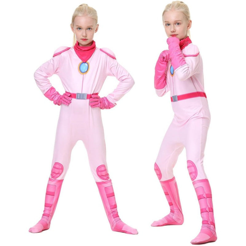 Peach Costume Girls Princess Outfit Super Brother Jumpsuit with Crown Gloves for Halloween Party