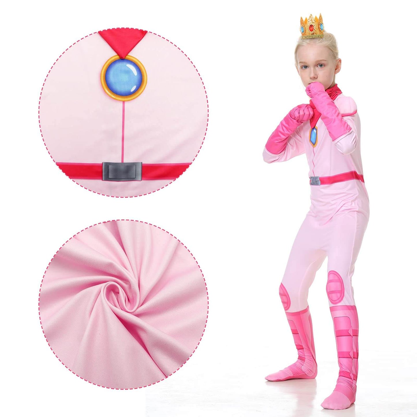 Peach Costume Girls Princess Outfit Super Brother Jumpsuit with Crown Gloves for Halloween Party