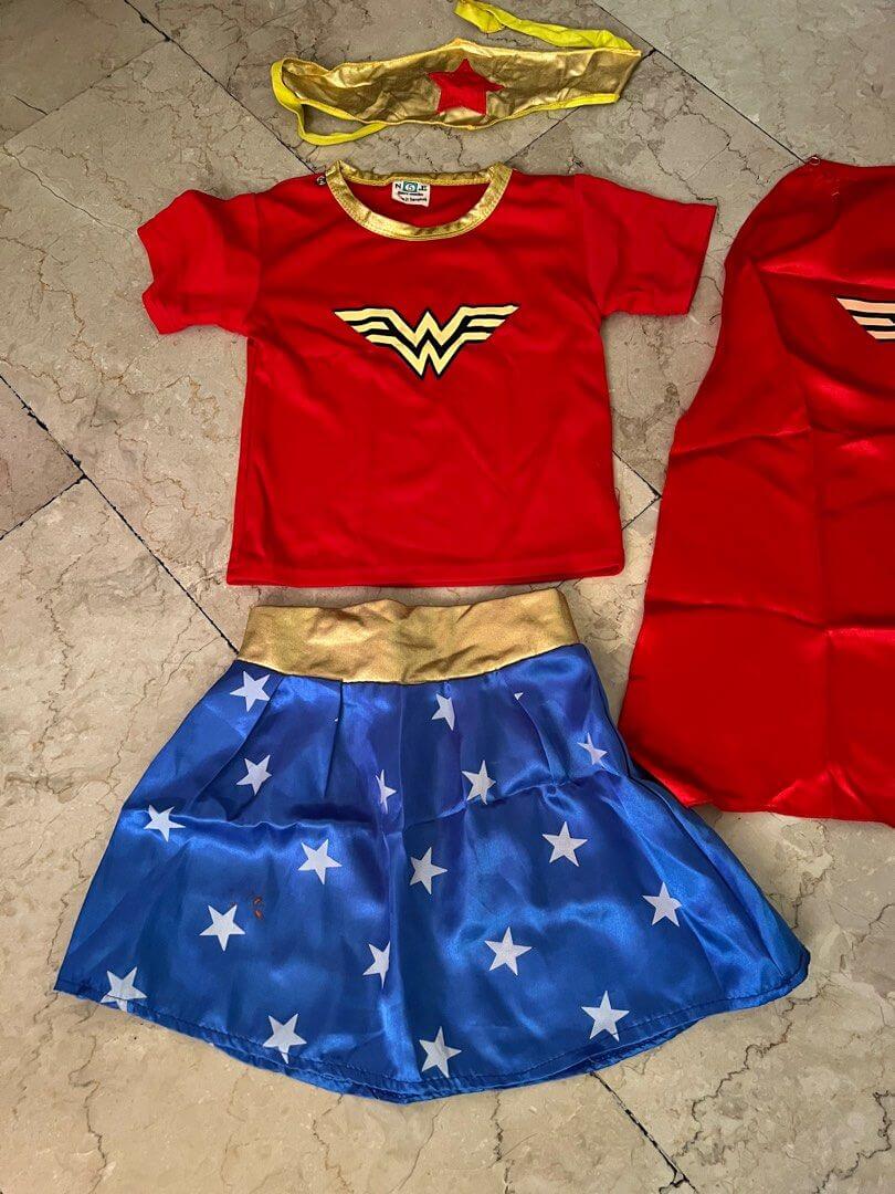 Kids Wonder Girls Costume T-Shirt Skirt Headband and Cape 4 Piece Set