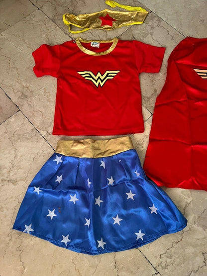 Kids Wonder Girls Costume T-Shirt Skirt Headband and Cape 4 Piece Set