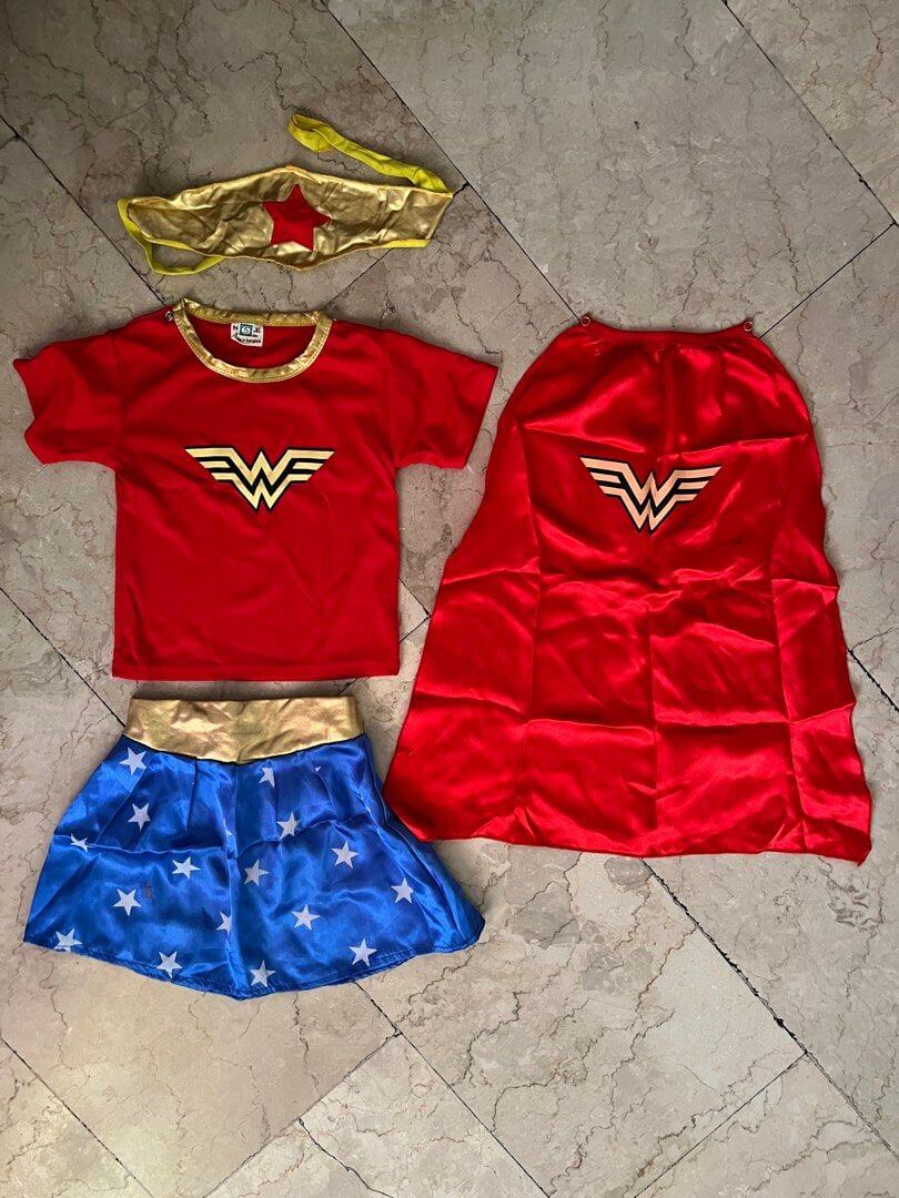Kids Wonder Girls Costume T-Shirt Skirt Headband and Cape 4 Piece Set
