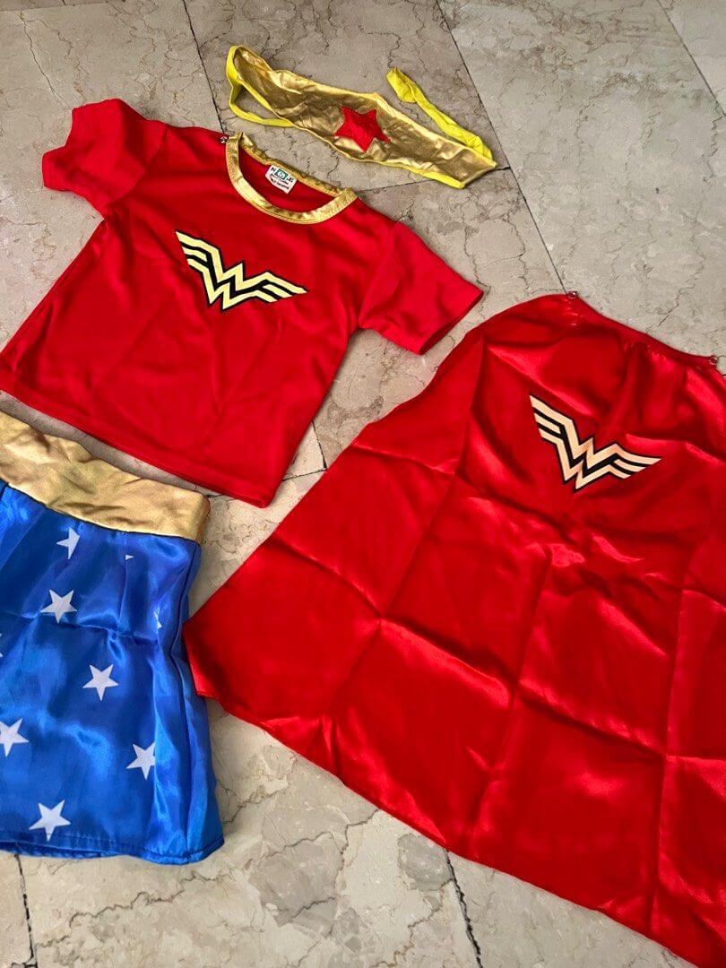 Kids Wonder Girls Costume T-Shirt Skirt Headband and Cape 4 Piece Set