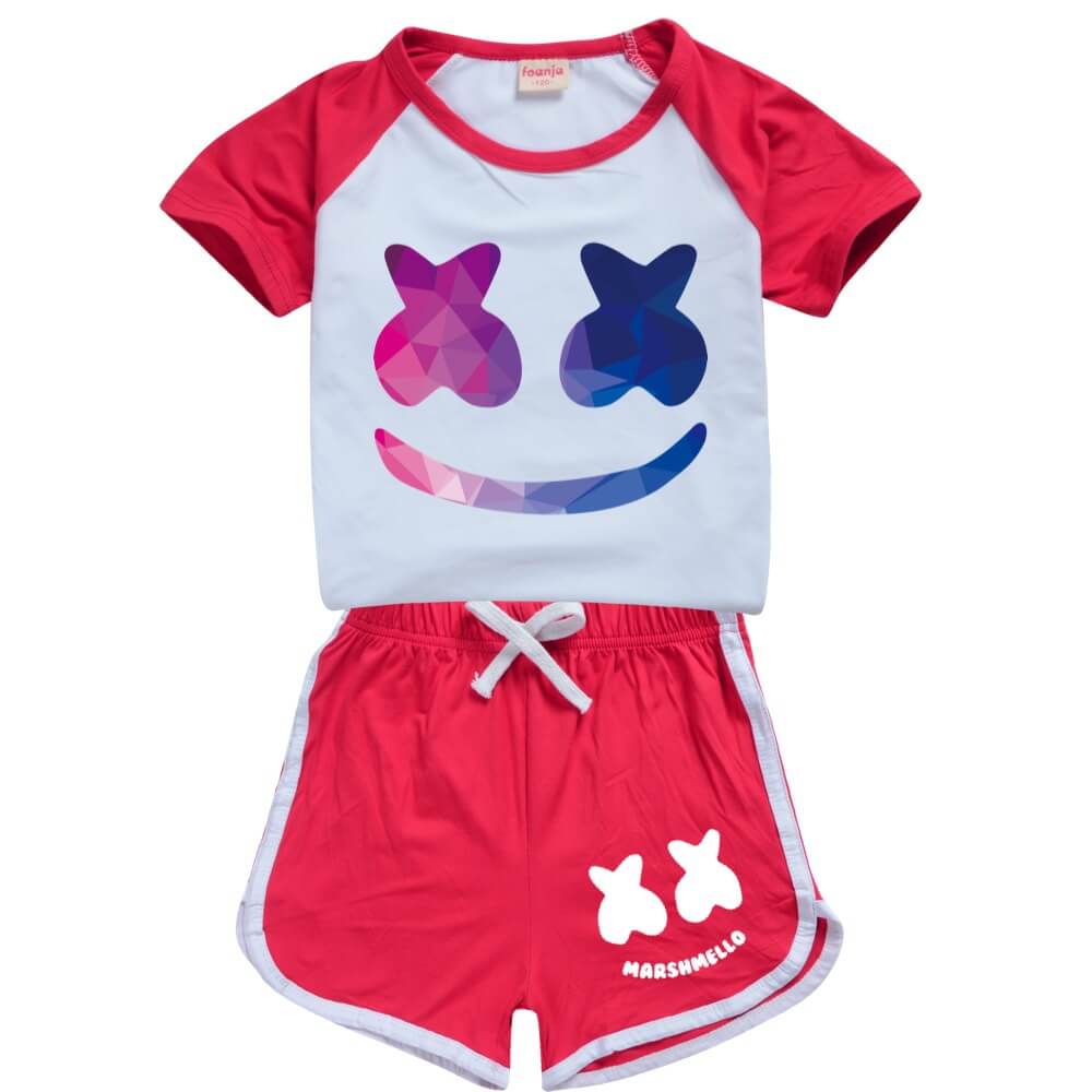 Kids DJ Marshmallow Tracksuits Smiley Face T-Shirt and Shorts 2pcs Outfit  for Boys and Girls