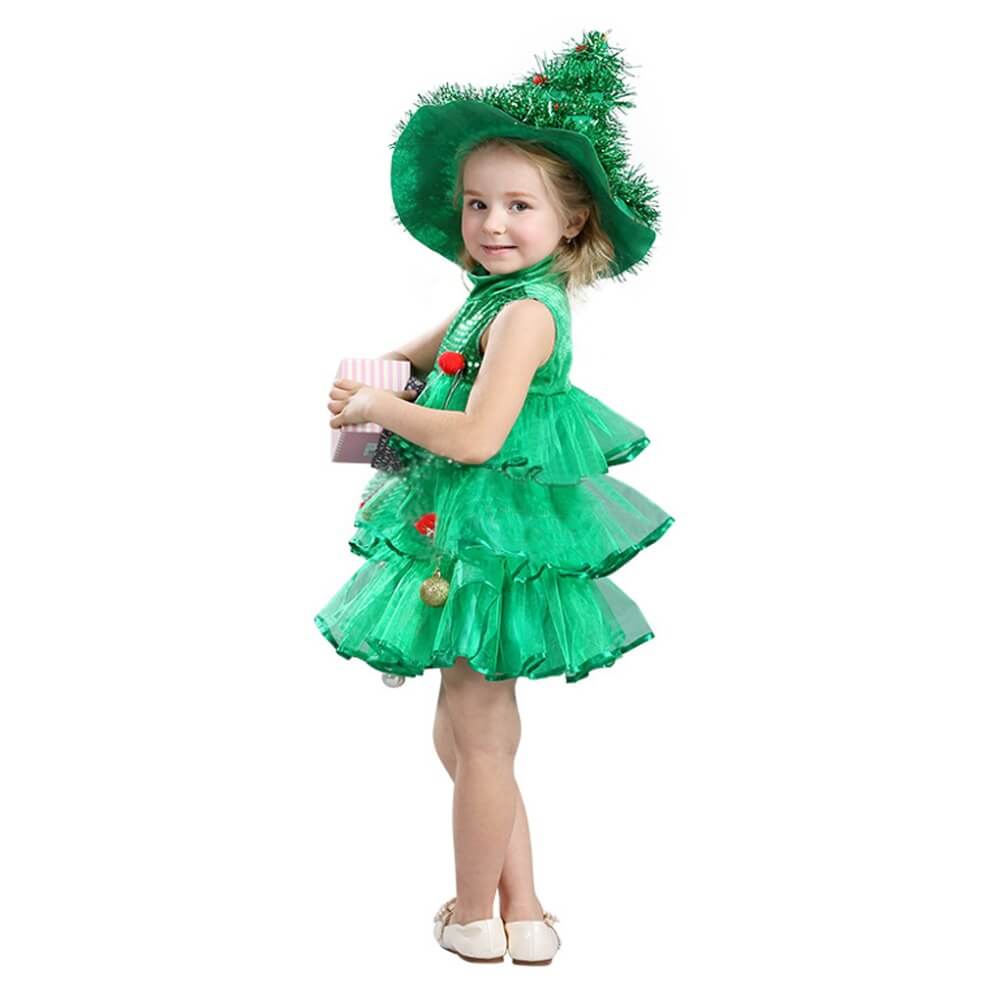 Girls Christmas Tree Costume Glitter Dress with Ornaments and A Christmas Tree Hat Funny Dress Up Elf Outfit