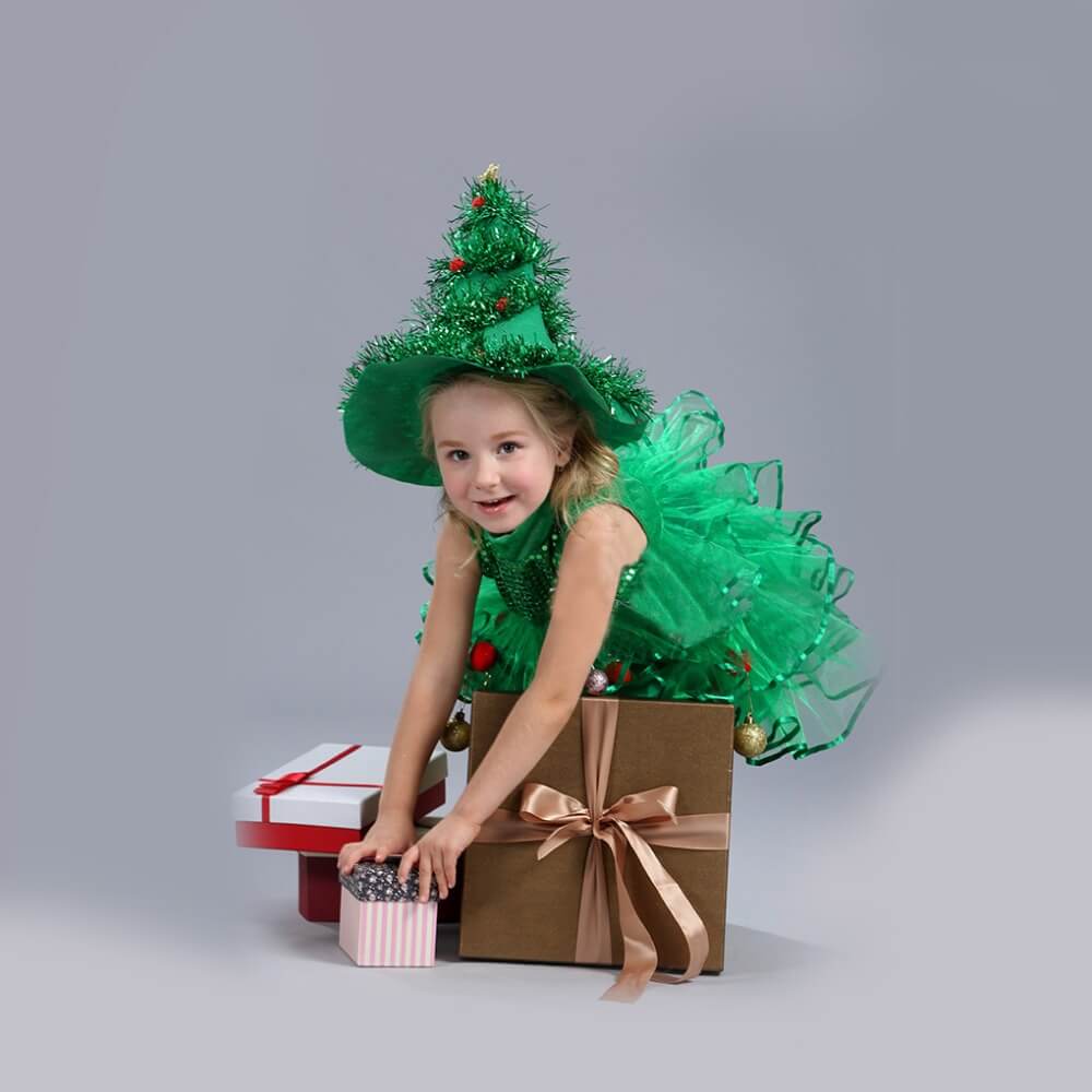 Girls Christmas Tree Costume Glitter Dress with Ornaments and A Christmas Tree Hat Funny Dress Up Elf Outfit
